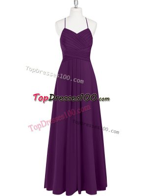 Eggplant Purple Chiffon Zipper Straps Sleeveless Floor Length Prom Gown Ruching
