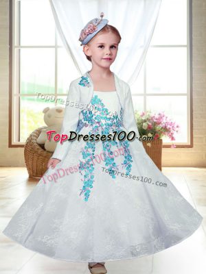 White Lace Zipper Straps Sleeveless Ankle Length Toddler Flower Girl Dress Embroidery