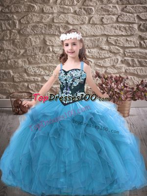 Floor Length Lace Up Little Girls Pageant Gowns Baby Blue for Party and Wedding Party with Embroidery and Ruffles