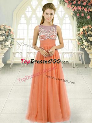 Great Floor Length Orange Dress for Prom Tulle Sleeveless Beading