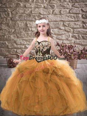 Low Price Floor Length Gold Child Pageant Dress Tulle Sleeveless Embroidery and Ruffles