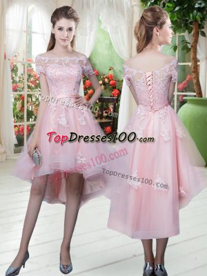 High Low Lace Up Prom Gown Baby Pink for Prom and Party and Military Ball with Lace and Appliques