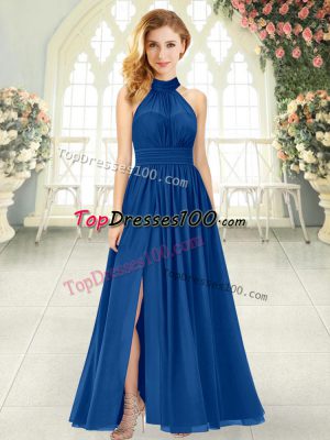 Fantastic Blue Empire Halter Top Sleeveless Chiffon Ankle Length Zipper Ruching Prom Dress