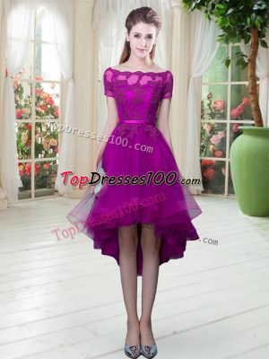 Inexpensive High Low Purple Dress for Prom Off The Shoulder Short Sleeves Lace Up