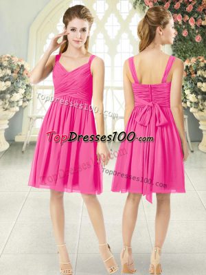 Chic Straps Sleeveless Homecoming Dress Knee Length Ruching Hot Pink Chiffon