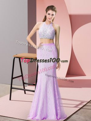 Comfortable Floor Length Lilac Going Out Dresses Lace Sleeveless Beading and Lace