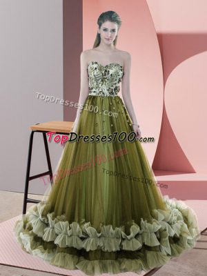 Adorable Olive Green Sleeveless Sweep Train Beading and Appliques Evening Gowns
