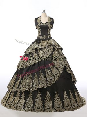 Top Selling Black Ball Gowns Embroidery Quince Ball Gowns Lace Up Satin Sleeveless Floor Length