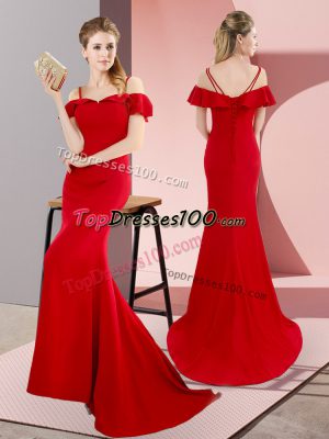 Beading Prom Dresses Red Lace Up Sleeveless Sweep Train
