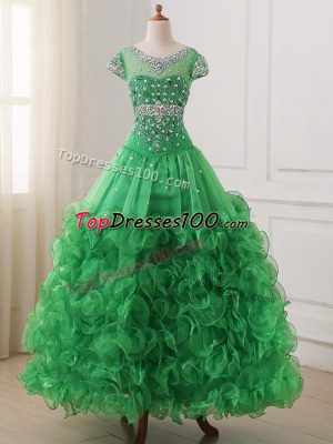 Affordable Floor Length Lace Up Girls Pageant Dresses Green for Wedding Party with Beading and Ruffles