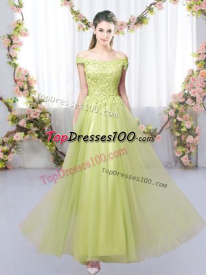 Luxurious Yellow Green Tulle Lace Up Off The Shoulder Sleeveless Floor Length Bridesmaid Dress Lace