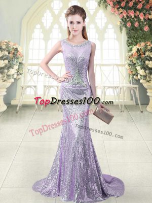 Scoop Sleeveless Evening Outfits Brush Train Beading Lavender Sequined