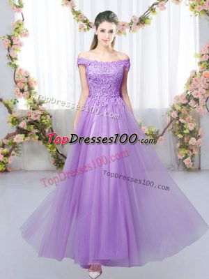 Glorious Lavender Empire Tulle Off The Shoulder Sleeveless Lace Floor Length Lace Up Court Dresses for Sweet 16