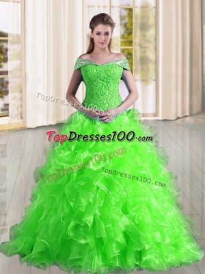 Exquisite A-line Organza Off The Shoulder Sleeveless Beading and Lace and Ruffles Lace Up 15th Birthday Dress Sweep Train