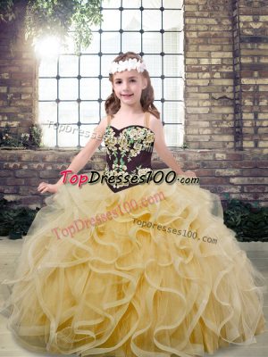 Cute Tulle Sleeveless Floor Length Kids Pageant Dress and Embroidery and Ruffles