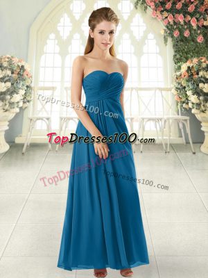 Blue Chiffon Zipper Prom Evening Gown Sleeveless Ankle Length Ruching