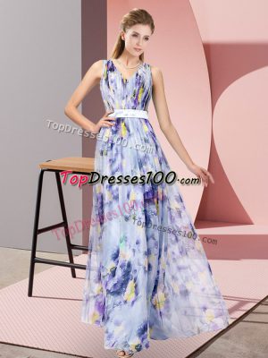 V-neck Sleeveless Prom Dress Floor Length Pattern Multi-color Printed
