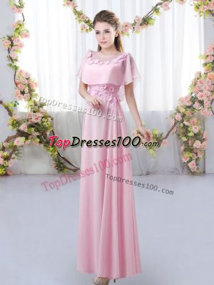 Fantastic Rose Pink Empire Appliques Bridesmaid Dress Zipper Chiffon Short Sleeves Floor Length