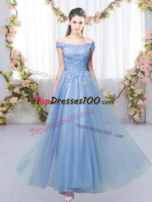 Custom Fit Blue Quinceanera Court of Honor Dress Prom and Party and Wedding Party with Lace Off The Shoulder Sleeveless Lace Up