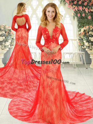 Long Sleeves Tulle Court Train Backless Prom Party Dress in Red with Lace