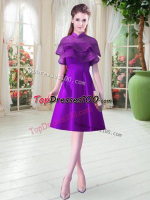 Sweet Eggplant Purple High-neck Neckline Ruffled Layers Cap Sleeves Lace Up