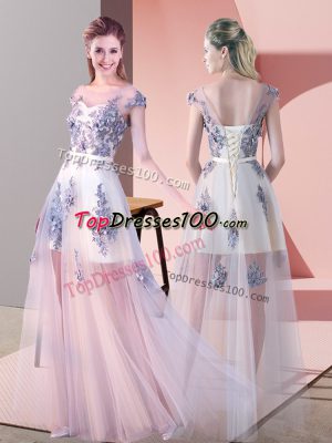Floor Length Lace Up Pink for Prom and Party with Appliques