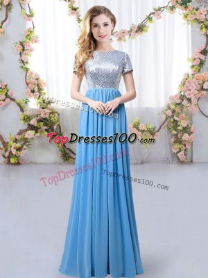 Inexpensive Blue Scoop Zipper Sequins Quinceanera Court Dresses Short Sleeves