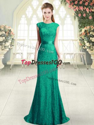 Decent Turquoise Scoop Neckline Beading and Lace Evening Dresses Cap Sleeves Backless