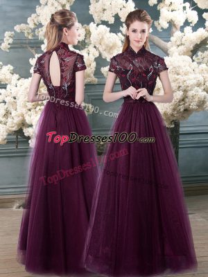 Purple Prom Gown Prom and Party with Beading and Appliques High-neck Short Sleeves Backless
