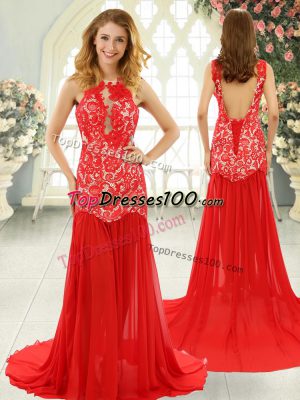 Delicate Red Mermaid Lace Prom Dresses Backless Chiffon Sleeveless