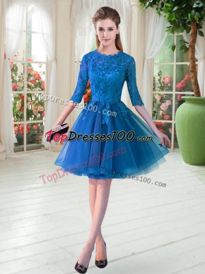 Blue Scalloped Zipper Lace Prom Evening Gown Half Sleeves