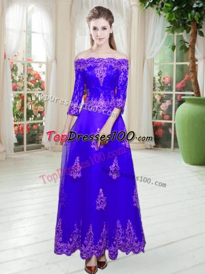 A-line Prom Dresses Purple Off The Shoulder Tulle 3 4 Length Sleeve Floor Length Lace Up