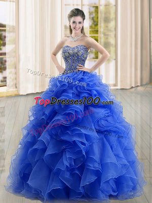 Dynamic Blue Sleeveless Organza Lace Up Sweet 16 Dresses for Military Ball and Sweet 16 and Quinceanera