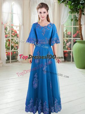 A-line Evening Dress Blue Scoop Tulle Half Sleeves Floor Length Lace Up