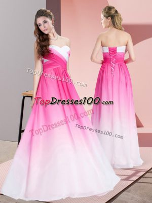 Pink And White Empire Sweetheart Sleeveless Chiffon Floor Length Lace Up Ruching Prom Gown