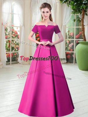 Beautiful Fuchsia Satin Lace Up Off The Shoulder Short Sleeves Floor Length Evening Dresses Belt