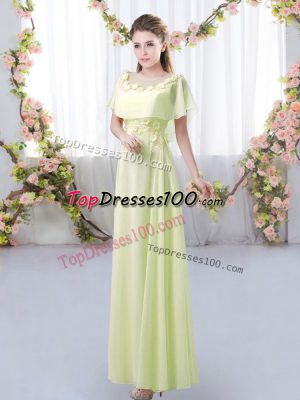 Traditional Yellow Green Chiffon Zipper Scoop Short Sleeves Floor Length Quinceanera Dama Dress Appliques