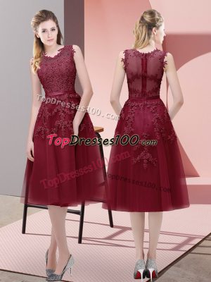 Artistic Tea Length Lace Up Dress for Prom Burgundy for Prom and Party with Beading and Lace and Appliques