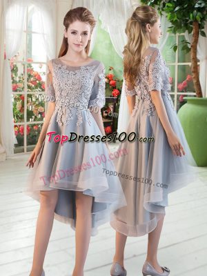 Adorable High Low Grey Prom Evening Gown Tulle Half Sleeves Appliques