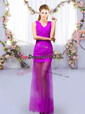Affordable Purple Sleeveless Lace Floor Length Court Dresses for Sweet 16
