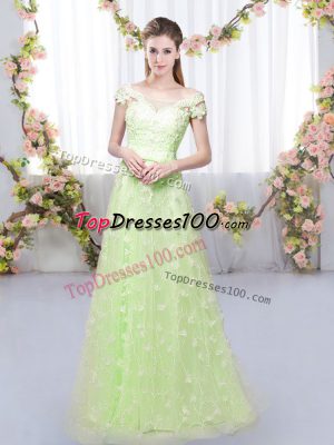 Yellow Green Empire Off The Shoulder Cap Sleeves Tulle Floor Length Lace Up Appliques Court Dresses for Sweet 16