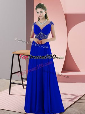 Suitable Blue Prom Dress Prom and Party with Beading and Pick Ups V-neck Sleeveless Sweep Train Backless