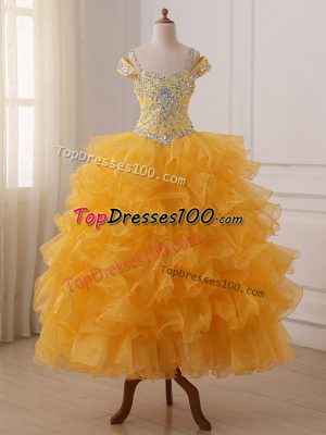 Hot Sale Sleeveless Organza Floor Length Lace Up Little Girl Pageant Dress in Gold with Beading and Ruffled Layers