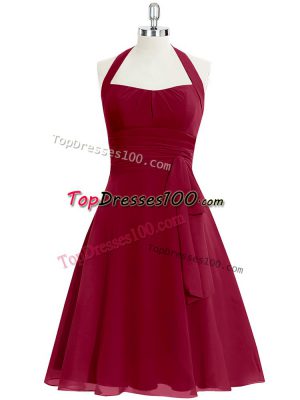 Wine Red A-line Halter Top Sleeveless Chiffon Knee Length Zipper Ruching Prom Dress