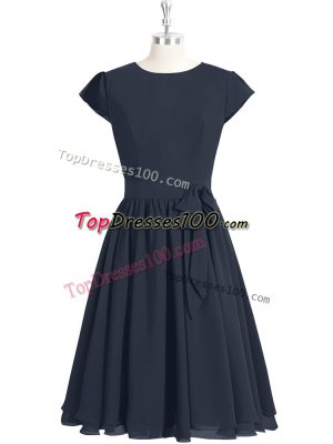 Knee Length Black Prom Gown Scoop Cap Sleeves Zipper
