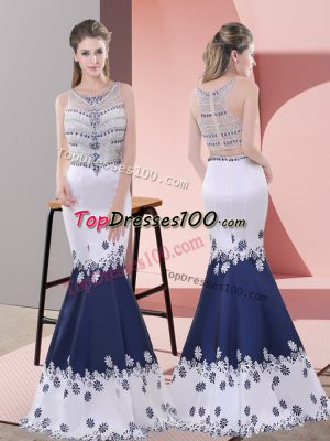 Traditional Sleeveless Satin Floor Length Zipper Prom Dress in Blue And White with Embroidery