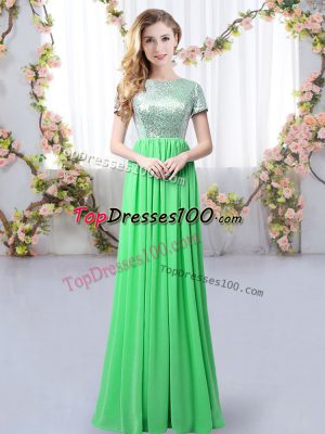 Hot Sale Scoop Short Sleeves Court Dresses for Sweet 16 Floor Length Sequins Green Chiffon