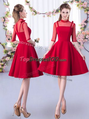 Red High-neck Neckline Ruching Wedding Party Dress Half Sleeves Zipper