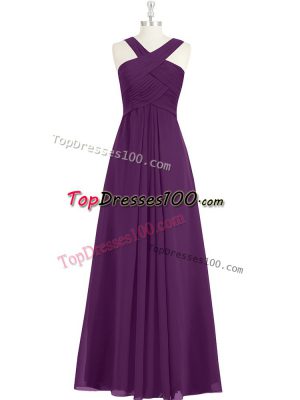 Affordable Eggplant Purple A-line Straps Sleeveless Chiffon Floor Length Zipper Ruching Dress for Prom
