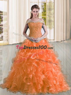 Sleeveless Sweep Train Beading and Lace and Ruffles Lace Up Quinceanera Dresses